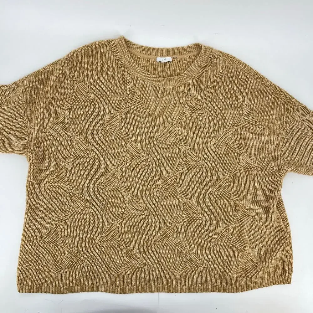 J. Jill Women’s XLP Camel Cotton Blend Crew Neck Swirl Knit Short Sleeve Sweater